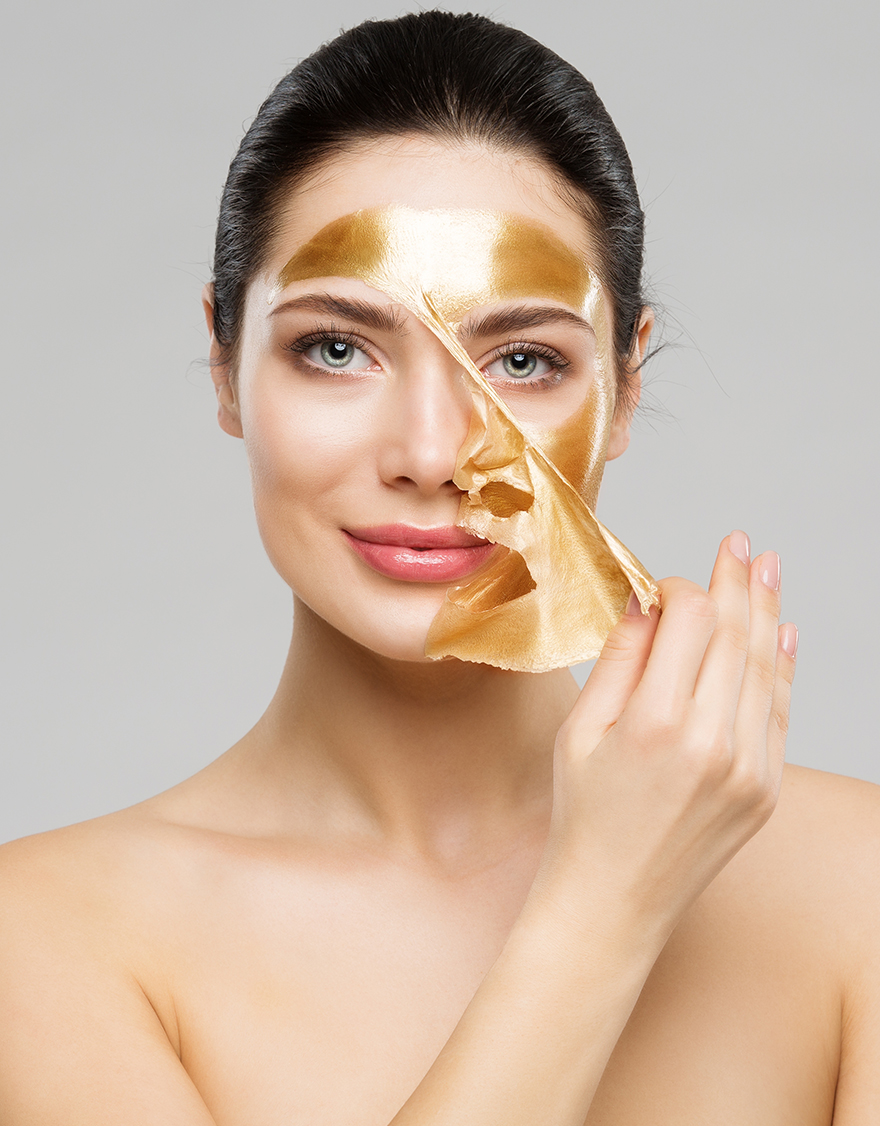 Beauty,Woman,Peeling,Off,Golden,Facial,Mask.,Smooth,Skin,Model